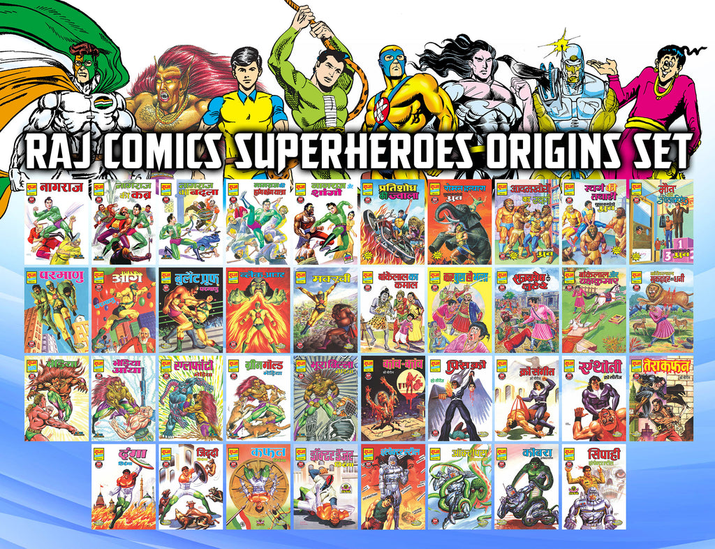 Raj Comics Heroes Origins Collection | Nagraj, Super Commando Dhruva, Bheriya Bankelal, Parmanu, Anthony, Steel, Tiranga | Set of 38 Comics